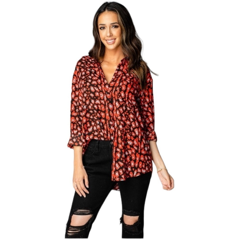 Buddy Love Portia Red Animal Print Cherry Bomb Button Up Blouse